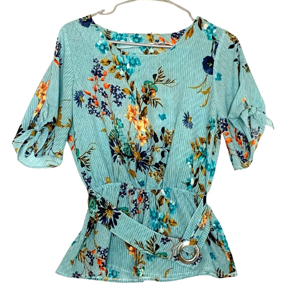 Floral Short Sleeve Blouse with Buckle Belt – Blue – No Size Tag (Approx. S-M) - Picture 9 of 9